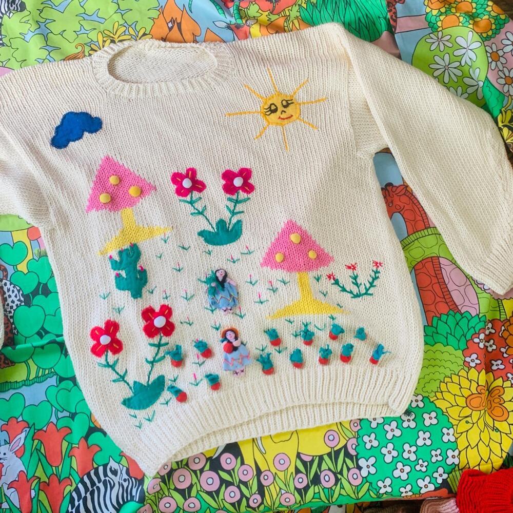 Rare Vintage Peruvian Arpillera Cactus Sweater 1980s Deadstock, OOAK, Handmade